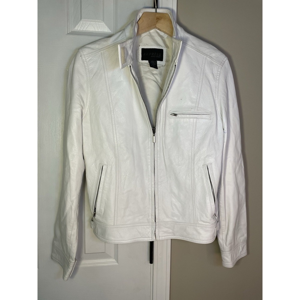 Express Moto Biker Jacket White Leather Medium Women's Y2K Vintage